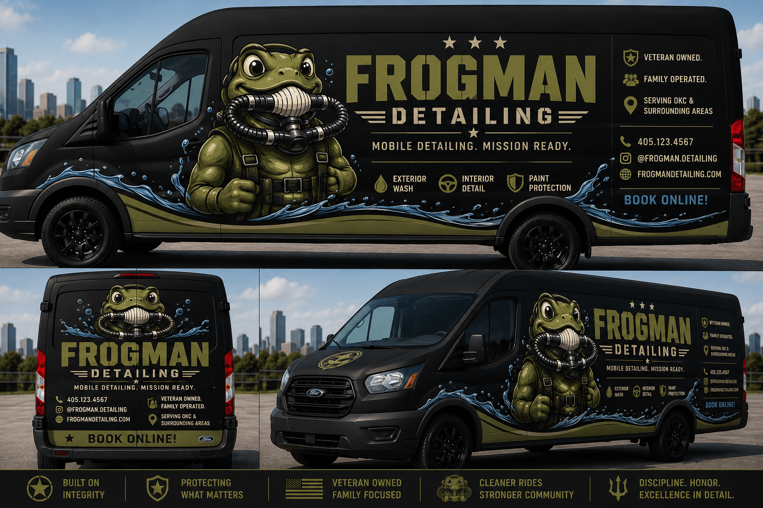 The Frogman Detailing van — black wrap with the frog diver logo and water splash graphics